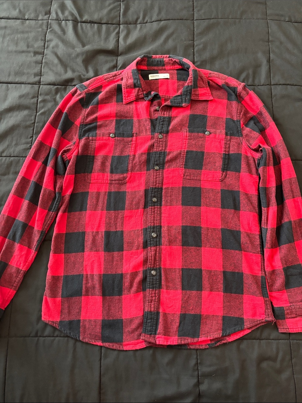 Sonoma M Men's Red and Black Plaid Button-Up Shirt 100% Cotton